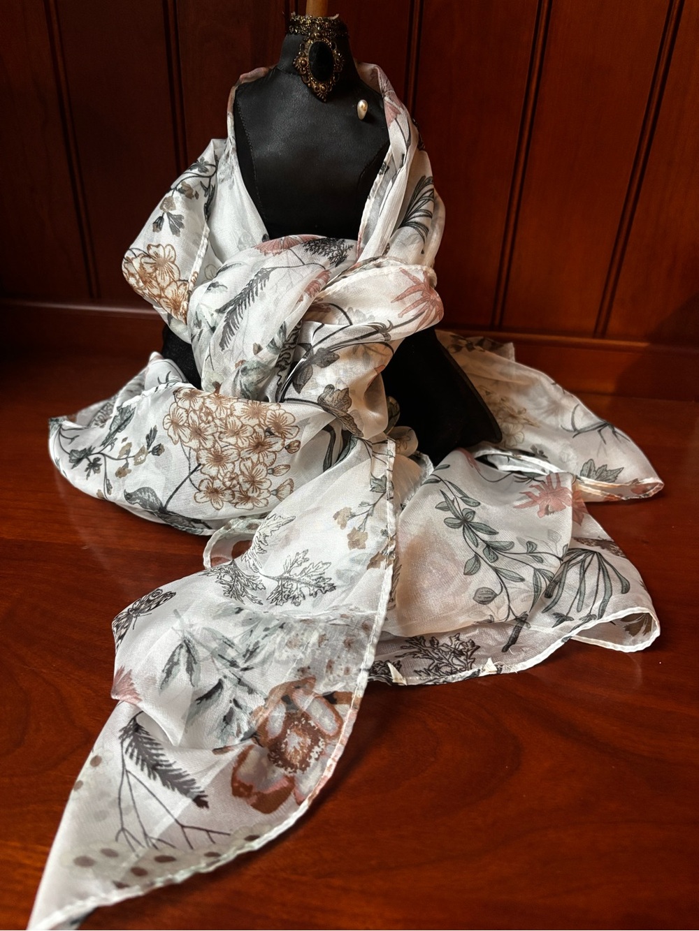 Silk lightweight, sheer botanical scarf/ VTG inspired sketch print of flowers